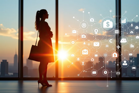 A striking silhouette of a businesswoman stands before a panoramic window at sunset, surrounded by digital icons that symbolize finance and technology in an urban setting.の素材