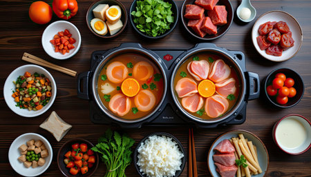 A beautifully arranged hot pot meal featuring a variety of fresh ingredients including meats, vegetables, and aromatic herbs, perfect for sharing and enjoying together.の素材