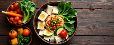 Discover a delicious spread of vibrant vegetables and noodles, artfully arranged on a rustic wooden table, perfect for a healthy meal or recipe inspiration.の素材