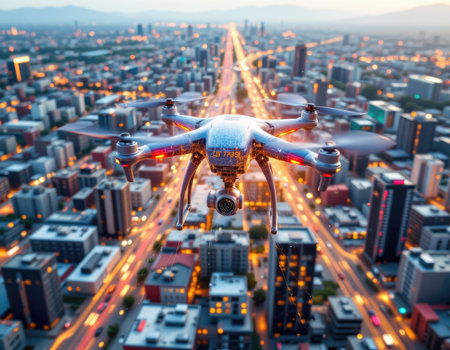 Stunning aerial perspective of a drone soaring above a vibrant city during sunset. The image captures dynamic urban life with roads and buildings beautifully illuminated, showcasing the fusion of technology and innovation.の素材