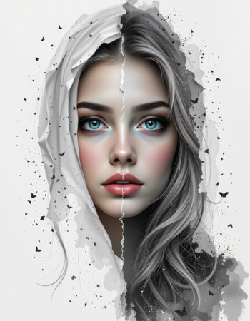 This captivating portrait features a young woman with an artistic split color palette, blending beauty and surreal elements, evoking emotions of contrast and duality.の素材