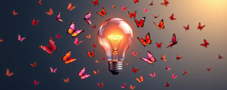 This captivating image features a glowing light bulb surrounded by vibrant butterflies, creating a harmonious blend of natural beauty and creative illumination.の素材