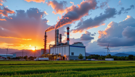 A captivating sunset illuminates an industrial power plant with smokestacks, surrounded by lush green fields and wind turbines in the distance.の素材