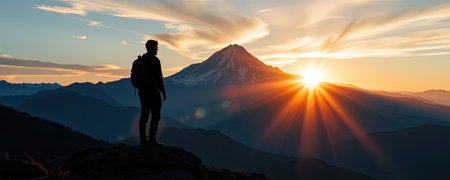 A stunning silhouette of a hiker stands on a rocky ledge, gazing at a vibrant sunrise over majestic mountains, surrounded by a breathtaking landscape.の素材