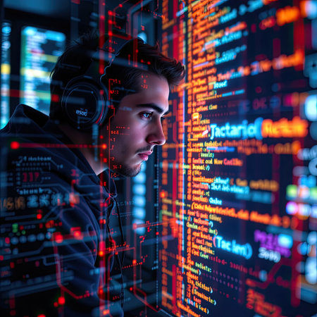 A focused male developer immersed in analyzing colorful code while working in a dark environment, highlighting technology and digital innovation.の素材