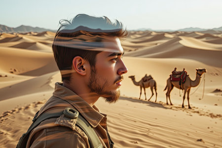 A young man stands contemplatively in a vast desert, with camels grazing nearby, illuminated by warm sunlight. The tranquil scene captures adventure and reflection.の素材