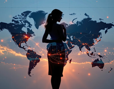 A striking silhouette of a woman against a stunning world map, illuminated by digital connections. This image symbolizes global networking and communication against a beautiful sunset backdrop.の素材