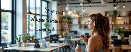 A woman expresses her thoughts by writing an inspirational quote on a glass surface in a beautifully designed modern office with greenery.の素材