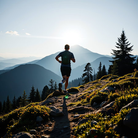 A man enjoys a serene hiking experience on a rugged trail with stunning mountain views under bright sunlight. This image captures the essence of adventure and exploration.の素材