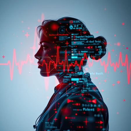 A striking profile of a woman combined with digital health data and heartbeat visuals, showcasing the intersection of technology and healthcare innovation.の素材