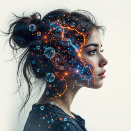 A stunning portrait of a young woman blending realistic features with cosmic elements, showcasing creativity and imagination through vibrant energy patterns.の素材