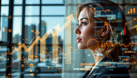 A thoughtful woman in a modern office reflects on business growth through digital data, symbolizing the intersection of strategy and innovation.の素材
