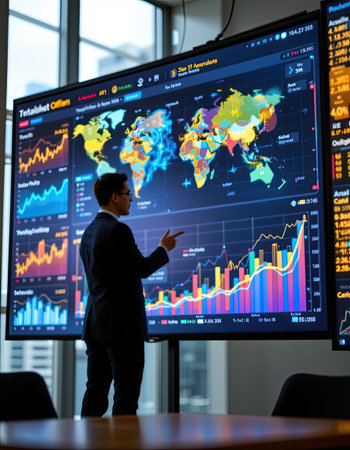 A business professional stands in front of a large digital screen, analyzing colorful graphs and global market data in a modern office environment.の素材