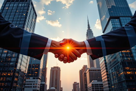 A dramatic handshake symbolizes business partnership against a backdrop of skyscrapers at sunset. This image captures urban ambition and corporate collaboration.の素材