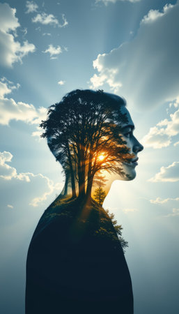An artistic double exposure image blends a human silhouette with a vibrant tree and dramatic sunlight, symbolizing a deep connection to nature and personal growth.の素材
