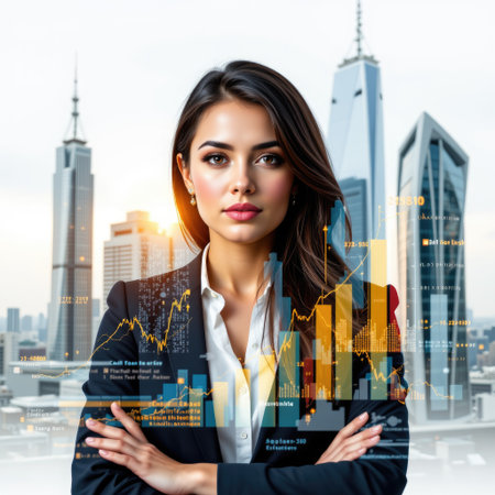 A confident businesswoman stands against a vibrant city backdrop, with a digital data analytics overlay showcasing trends and growth in finance.の素材