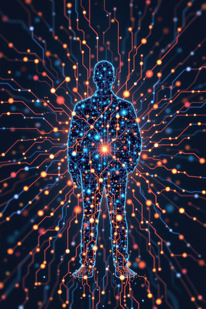 A striking silhouette of a person is surrounded by vibrant, glowing lines and data connections, symbolizing the intersection of technology and human potential.の素材