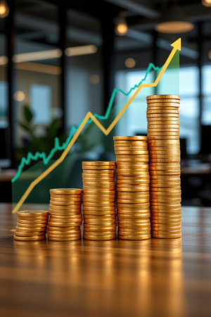 This stock photo captures a visually striking arrangement of golden coins stacked to symbolize financial growth, accompanied by an upward graph reflecting success in a contemporary office environment.の素材