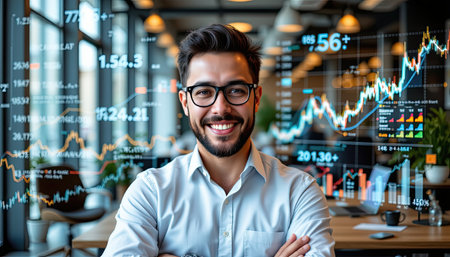 A confident businessman smiling in a modern office surrounded by financial data and charts, showcasing a blend of professionalism and contemporary work environment.の素材