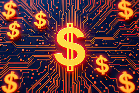 This vibrant image features a network of dollar signs on a digital background, symbolizing the intersection of finance and technology in today's economy.の素材