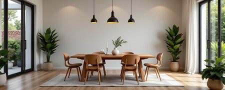 This image showcases a modern dining room featuring a sleek wooden table surrounded by stylish chairs, complemented by indoor plants. The bright space is enhanced by decorative lighting, creating an inviting ambiance perfect for family gatherings or social dining experiences. The minimalist style and natural light bring warmth and tranquility to the overall room design.の素材