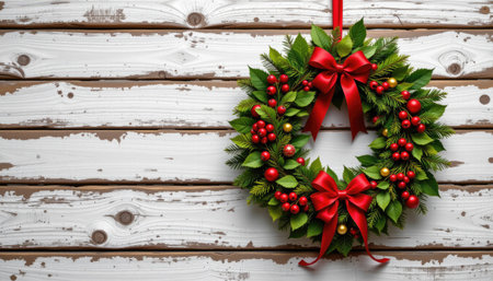 A vibrant and elegant festive wreath adorned with red ribbons and seasonal greenery, perfect for holiday decoration. Ideal for creating a cozy atmosphere.の素材