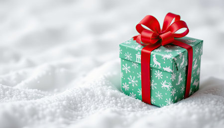 A beautifully wrapped Christmas gift sits elegantly on a snow-covered surface, featuring a vivid green design and a bright red bow, evoking holiday cheer.の素材