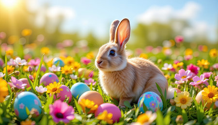 A charming bunny sits in a vibrant meadow filled with colorful eggs and blooming flowers, capturing the essence of spring and Easter joy.の素材