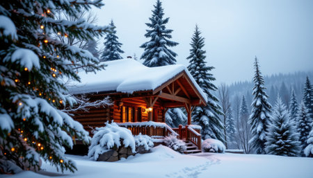 A charming winter cabin surrounded by snow-covered trees, adorned with warm lights. Offers a tranquil escape in a picturesque snowy landscape, perfect for holiday memories.の素材