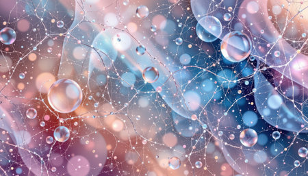 This abstract image features an array of colorful bubbles and delicate networks, creating a dreamy and ethereal background perfect for use in modern art projects.の素材