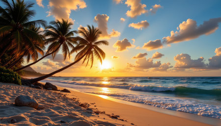 A breathtaking beach scene featuring a vibrant sunset, golden light reflecting on the waves, and palm trees swaying in the tropical breeze.の素材