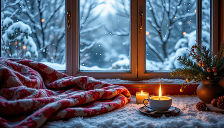 A serene winter scene showcasing a cozy interior with a warm blanket, steaming cup, and glowing candle by a snow-covered window. Perfect for evoking feelings of comfort and tranquility.の素材