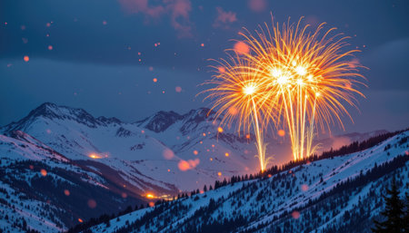 A stunning display of fireworks illuminates the snowy mountain landscape at night, creating a breathtaking scene of celebration and joy in winter.の素材