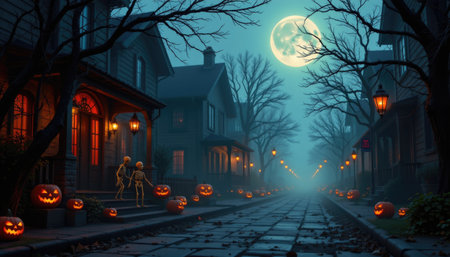 A mysterious Halloween scene features a foggy street illuminated by lanterns, adorned with carved pumpkins and playful skeletons under a full moon.の素材