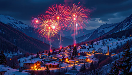 Colorful fireworks light up the snowy village nestled in the mountains during a festive night, creating a magical atmosphere in winter.の素材