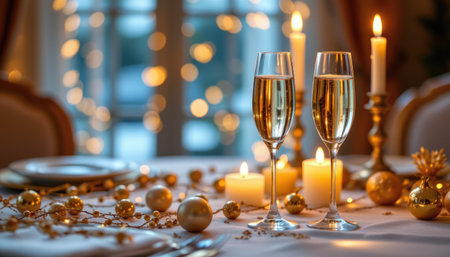 A beautifully set table for a festive celebration, featuring champagne glasses, golden decorations, candles, and warm bokeh lights, creating a joyful atmosphere.の素材