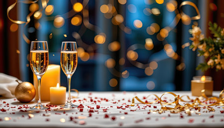 Two elegant champagne glasses sit on a beautifully decorated table, surrounded by festive confetti and soft candlelight, evoking a joyful celebration atmosphere.の素材