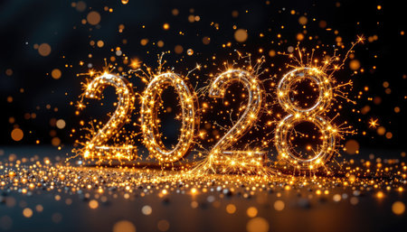 A dazzling display featuring the year 2028 made of sparkling lights and fireworks, creating a festive and joyful atmosphere for celebrations and events.の素材