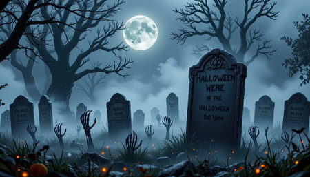 A haunting graveyard scene under a full moon with mist swirling around tombstones. Shadows of trees create an eerie atmosphere perfect for Halloween.の素材