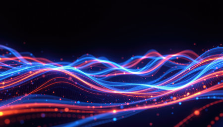 This image showcases vibrant waves of light in striking blue and red hues, creating a dynamic and energetic abstract design suitable for digital projects.の素材