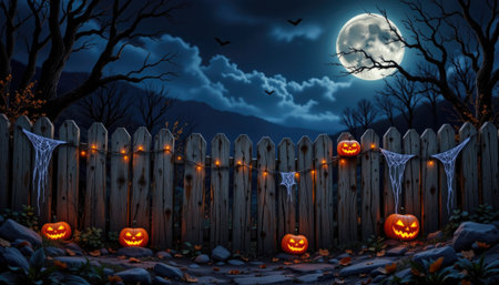 This enchanting Halloween scene features a full moon illuminating a rustic wooden fence adorned with glowing pumpkins and spiderwebs, creating a spooky yet festive atmosphere.の素材