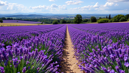 A vibrant lavender field stretches across a sunny landscape, showcasing rich purple blooms under a bright sky. This idyllic scene represents tranquility and natural beauty.の素材