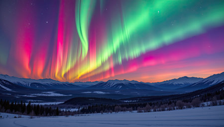 A stunning view of the Northern Lights illuminating the night sky with vibrant colors above a serene winter landscape and majestic mountains.の素材