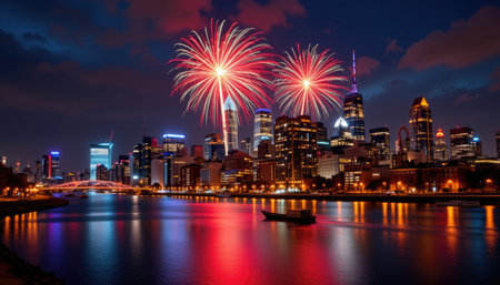 Vibrant fireworks illuminate the night sky over a city skyline, reflecting beautifully on the river, capturing a festive celebration of joy and excitement.の素材