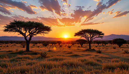 A stunning sunset view featuring silhouetted trees against a vibrant sky. The warm colors illuminate the tranquil landscape, showcasing nature's beauty at dusk.の素材