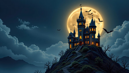 A spooky castle stands on a hill under a full moon, surrounded by dark clouds and bats. This eerie scene creates a captivating fantasy atmosphere perfect for Halloween.の素材