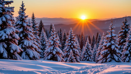 A stunning winter landscape featuring tall snow-covered trees under a vibrant sunrise. The scene captures the beauty of nature in a tranquil, peaceful setting.の素材