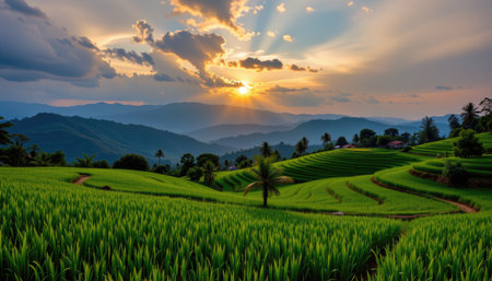 A stunning view of lush green rice fields at sunset, surrounded by rolling mountains and dramatic clouds, showcasing the beauty of nature and tranquility.の素材