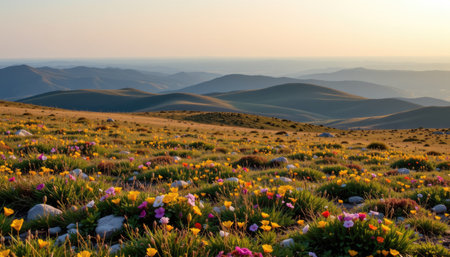 A stunning view of rolling hills covered in vibrant wildflowers during a warm sunset. This serene landscape captures the beauty of nature in full bloom.の素材