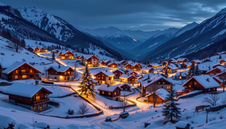 A serene winter village nestled in mountains, showcasing cozy cabins illuminated in soft evening light, surrounded by tranquil snowy landscapes and pine trees.の素材